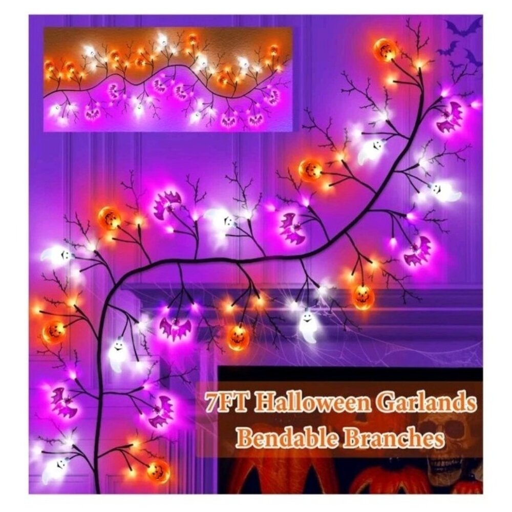 7 Ft 63 LED Halloween Willow Vine Twig Garland with 8 Modes Timer Orange Purple